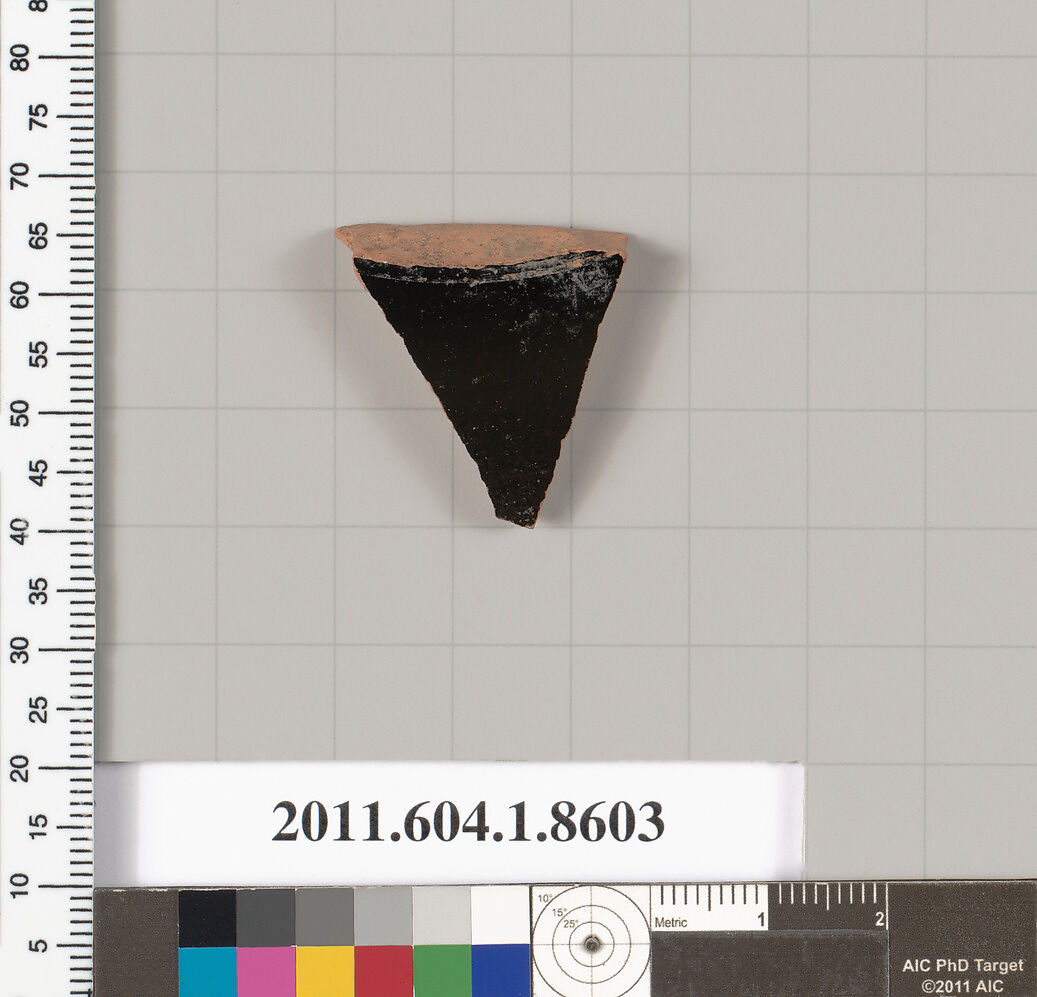 Terracotta fragment of a stemless kylix (drinking cup), Terracotta, Greek, Attic