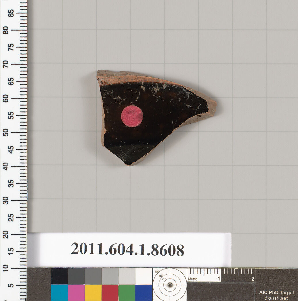 Terracotta fragment of a stemless kylix (drinking cup), Terracotta, Greek, Attic