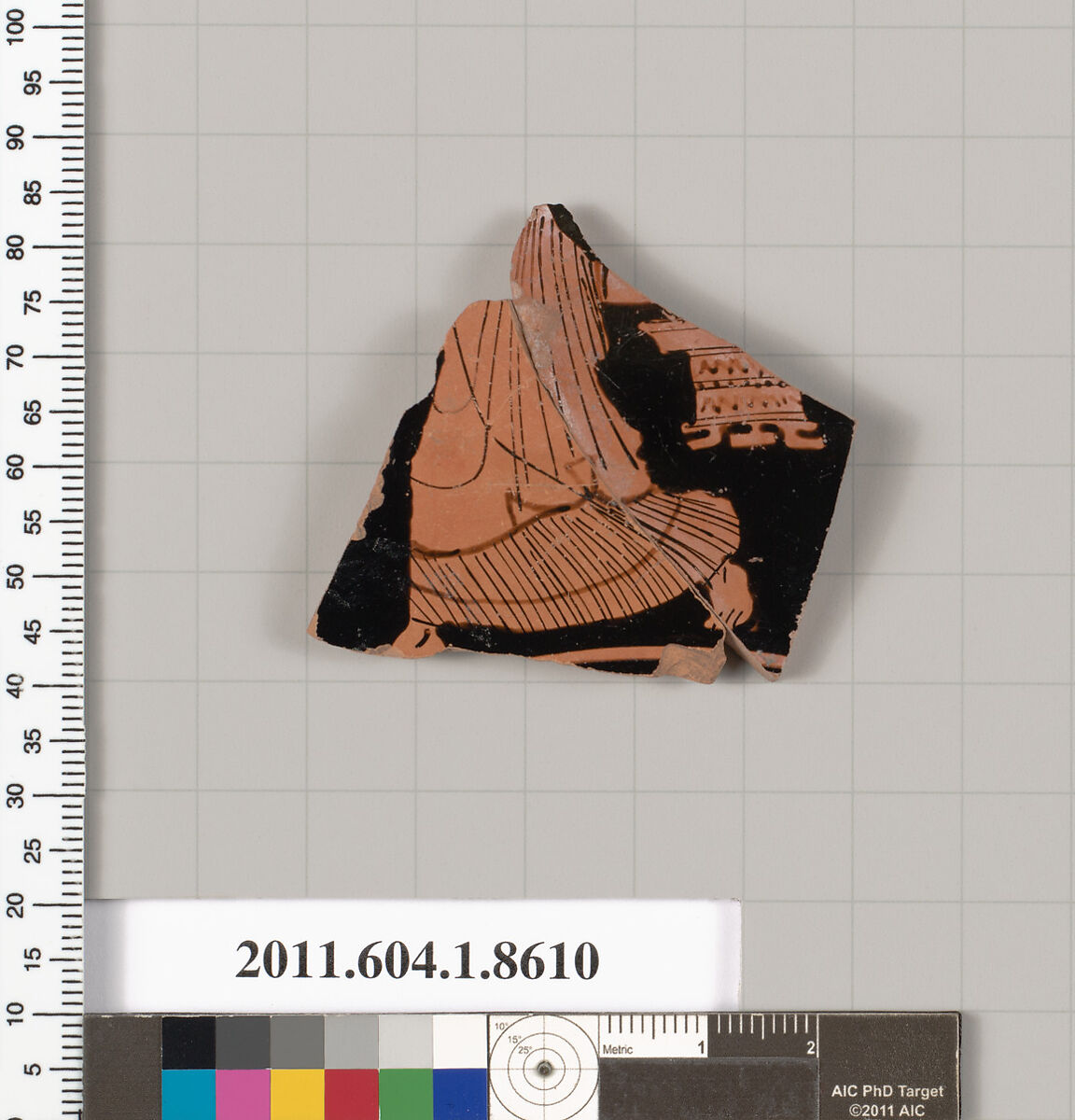 Terracotta fragment of a stemless kylix (drinking cup), Terracotta, Greek, Attic