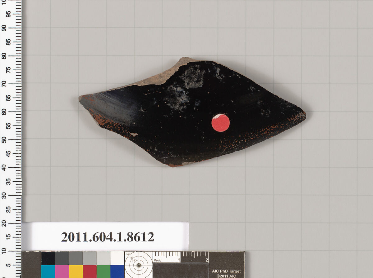 Terracotta fragment of a stemless kylix (drinking cup), Terracotta, Greek, Attic