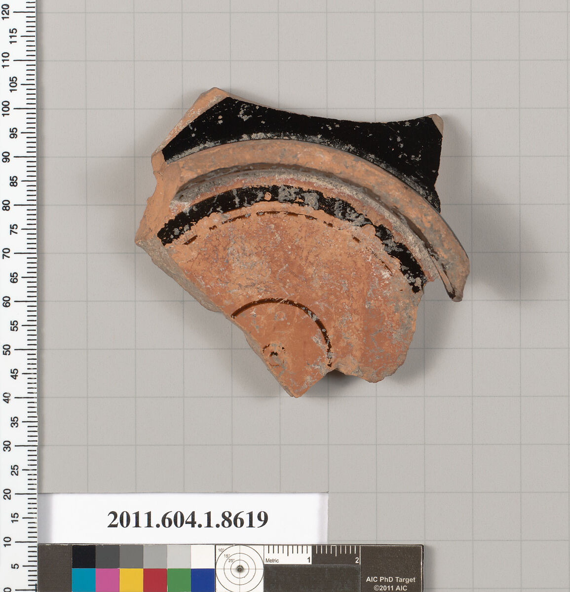 Terracotta fragment of a stemless kylix (drinking cup), Terracotta, Greek, Attic