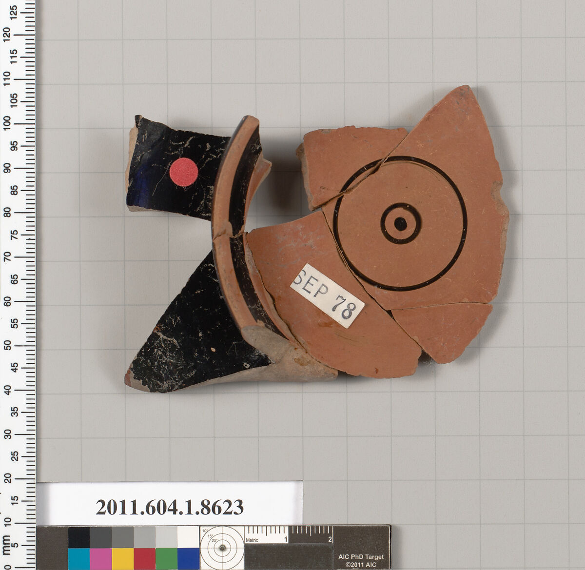 Terracotta fragment of a stemless kylix (drinking cup), Terracotta, Greek, Attic