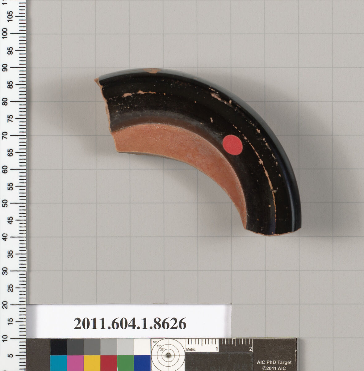 Terracotta fragment of a stemless kylix (drinking cup), Terracotta, Greek, Attic