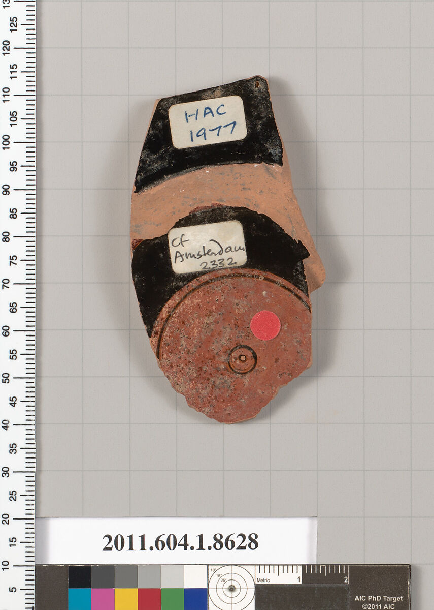 Terracotta fragment of a stemless kylix (drinking cup), Terracotta, Greek, Attic