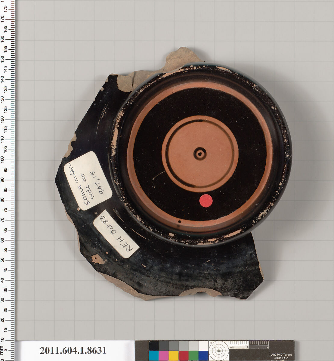 Terracotta fragment of a stemless kylix (drinking cup), Terracotta, Greek, Attic