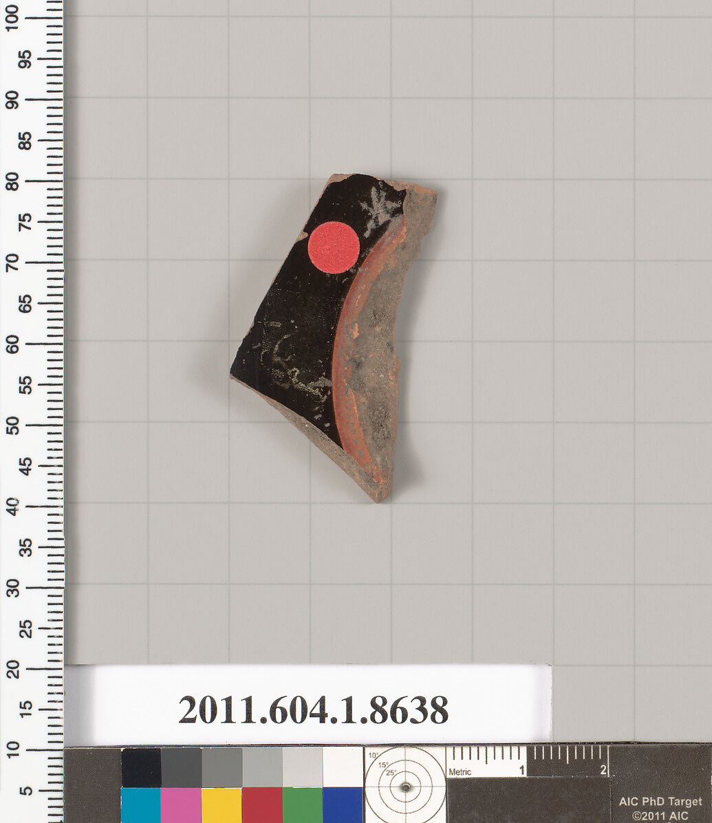 Terracotta fragment of a stemless kylix (drinking cup), Terracotta, Greek, Attic