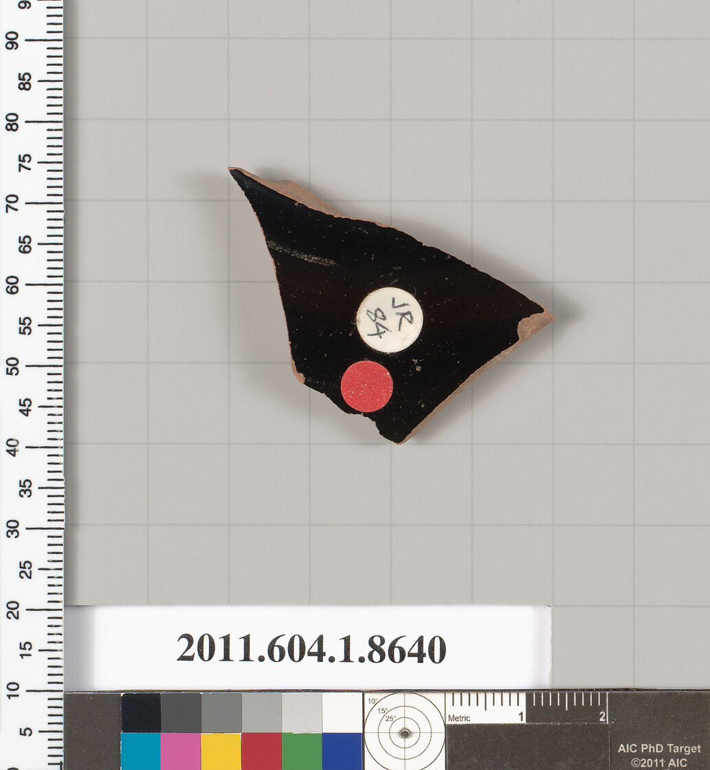 Terracotta fragment of a stemless kylix (drinking cup), Terracotta, Greek, Attic