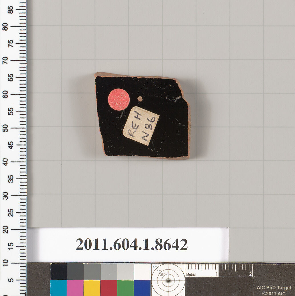 Terracotta fragment of a stemless kylix (drinking cup), Terracotta, Greek, Attic