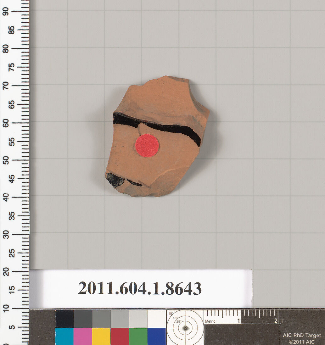 Terracotta fragment of a stemless kylix (drinking cup), Terracotta, Greek, Attic