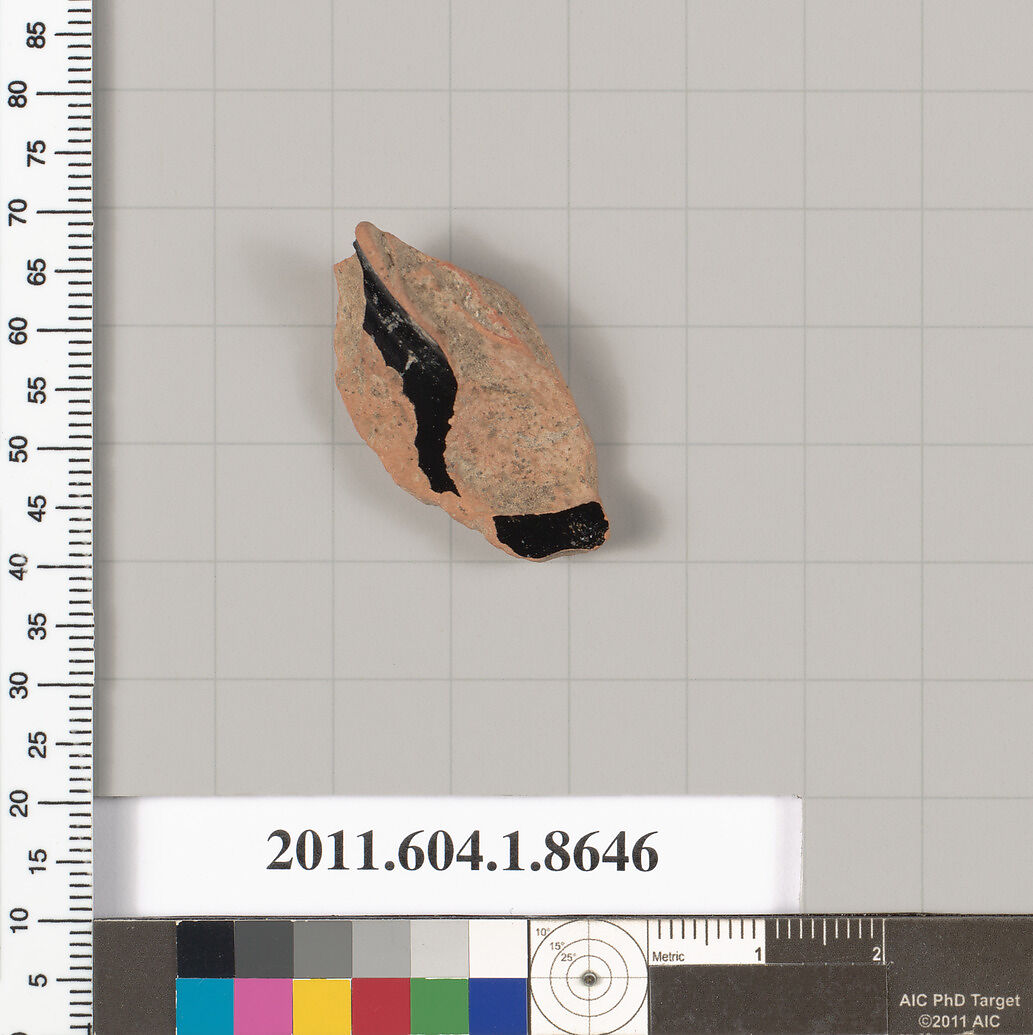 Terracotta fragment of a stemless kylix (drinking cup), Terracotta, Greek, Attic