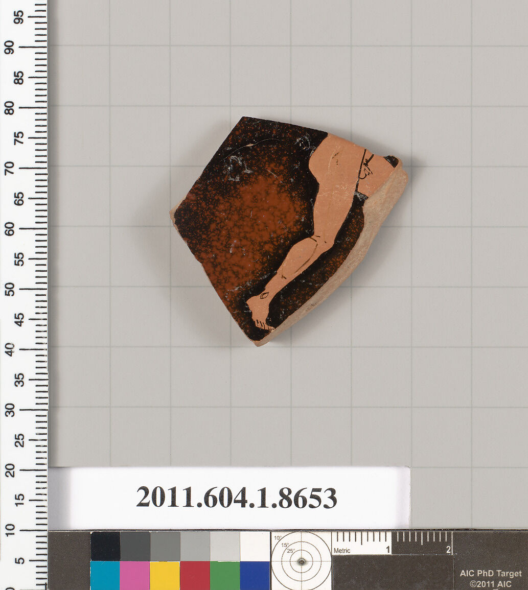 Terracotta rim fragment of a stemless? kylix (drinking cup), Terracotta, Greek, Attic 