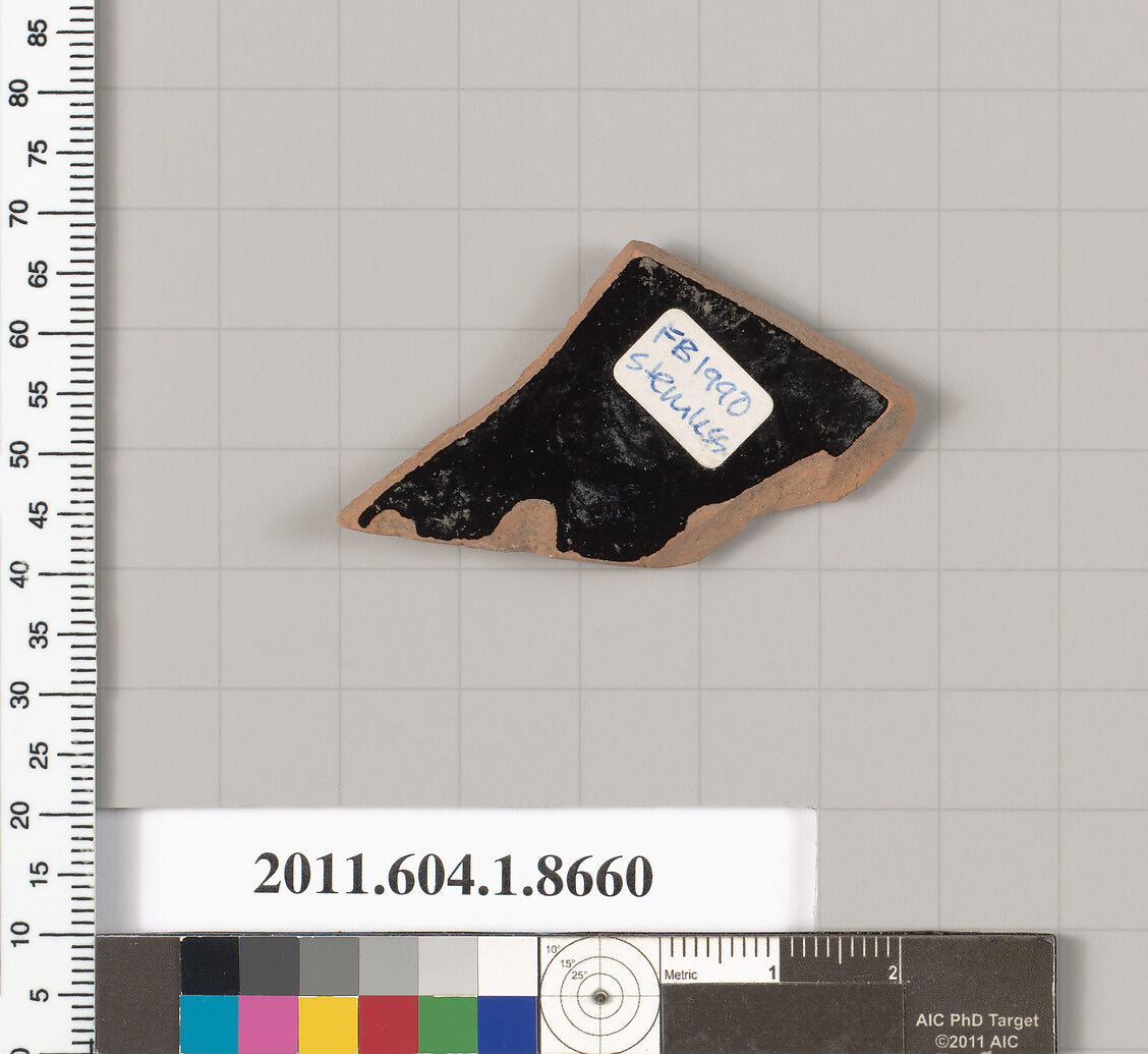 Terracotta fragment of a stemless kylix (drinking cup), Terracotta, Greek, Attic