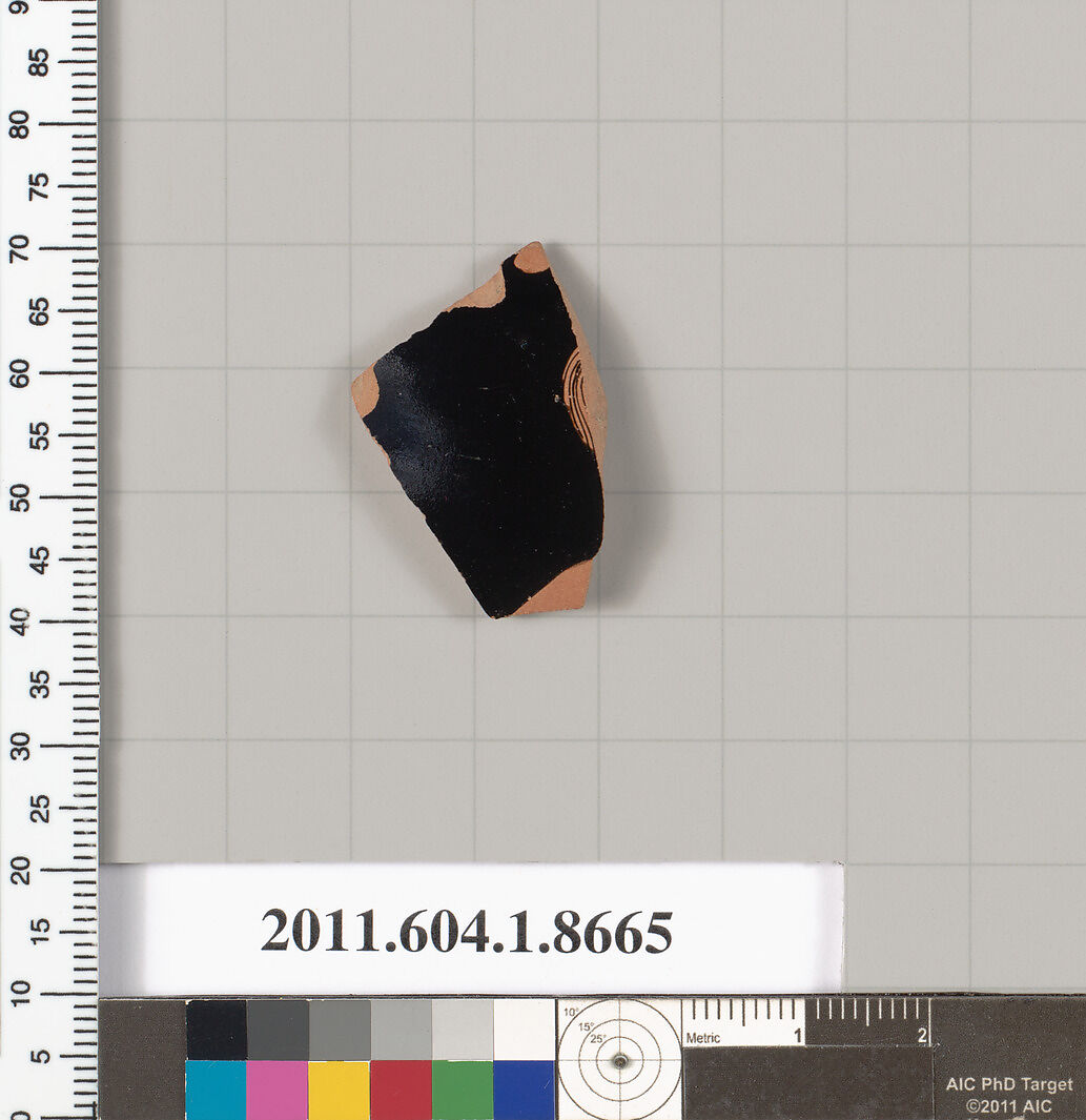 Terracotta rim fragment of a stemless? kylix (drinking cup), Terracotta, Greek, Attic 