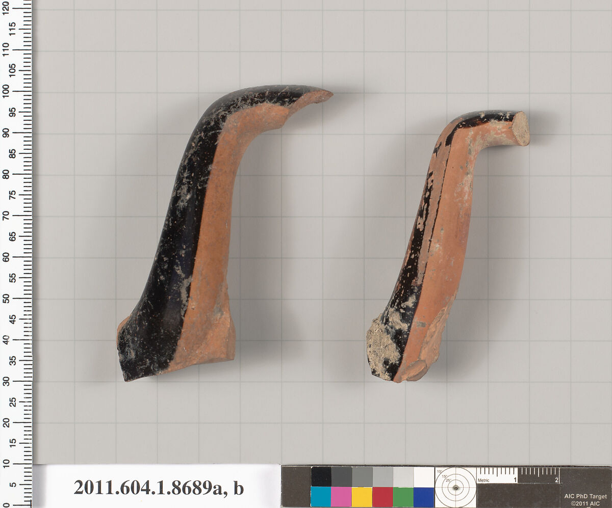 Terracotta fragments of stemless kylikes (drinking cups), Terracotta, Greek, Attic 