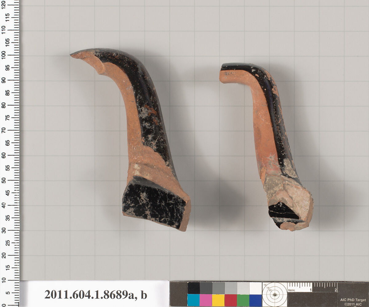 Terracotta fragments of stemless kylikes (drinking cups), Terracotta, Greek, Attic