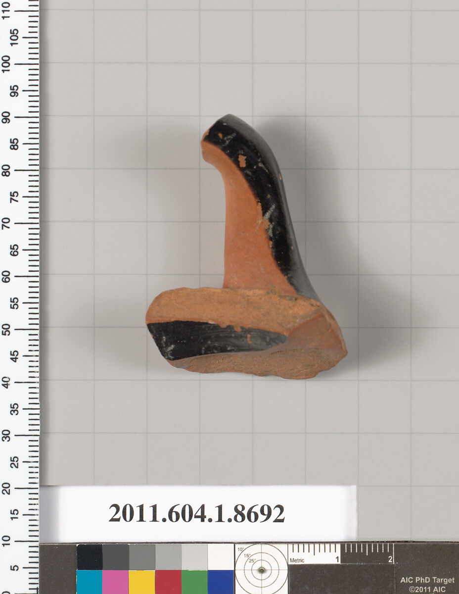 Terracotta fragment of a stemless kylix (drinking cup), Terracotta, Greek, Attic