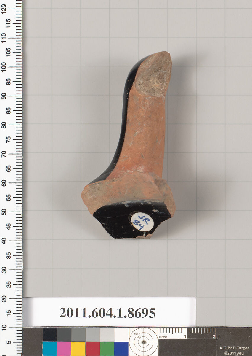 Terracotta fragment of a stemless kylix (drinking cup), Terracotta, Greek, Attic