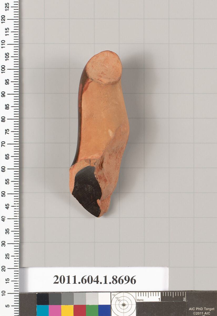 Terracotta fragment of a stemless kylix (drinking cup), Terracotta, Greek, Attic