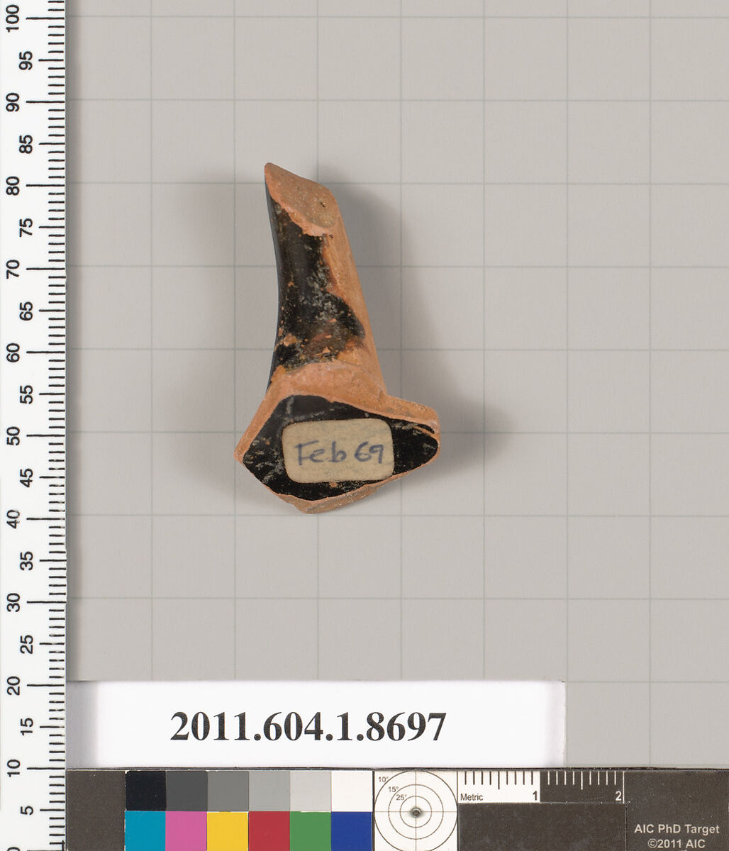 Terracotta fragment of a stemless kylix (drinking cup), Terracotta, Greek, Attic