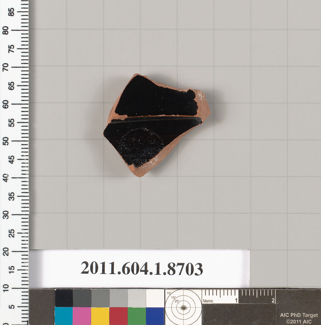 Terracotta fragment of a stemless kylix (drinking cup), Terracotta, Greek, Attic