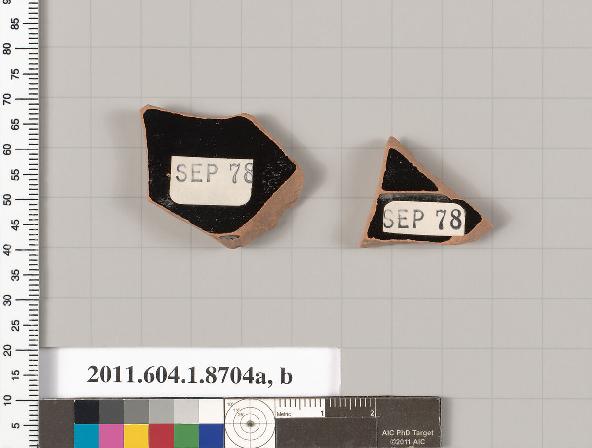 Terracotta fragments of a stemless kylix (drinking cup), Terracotta, Greek, Attic