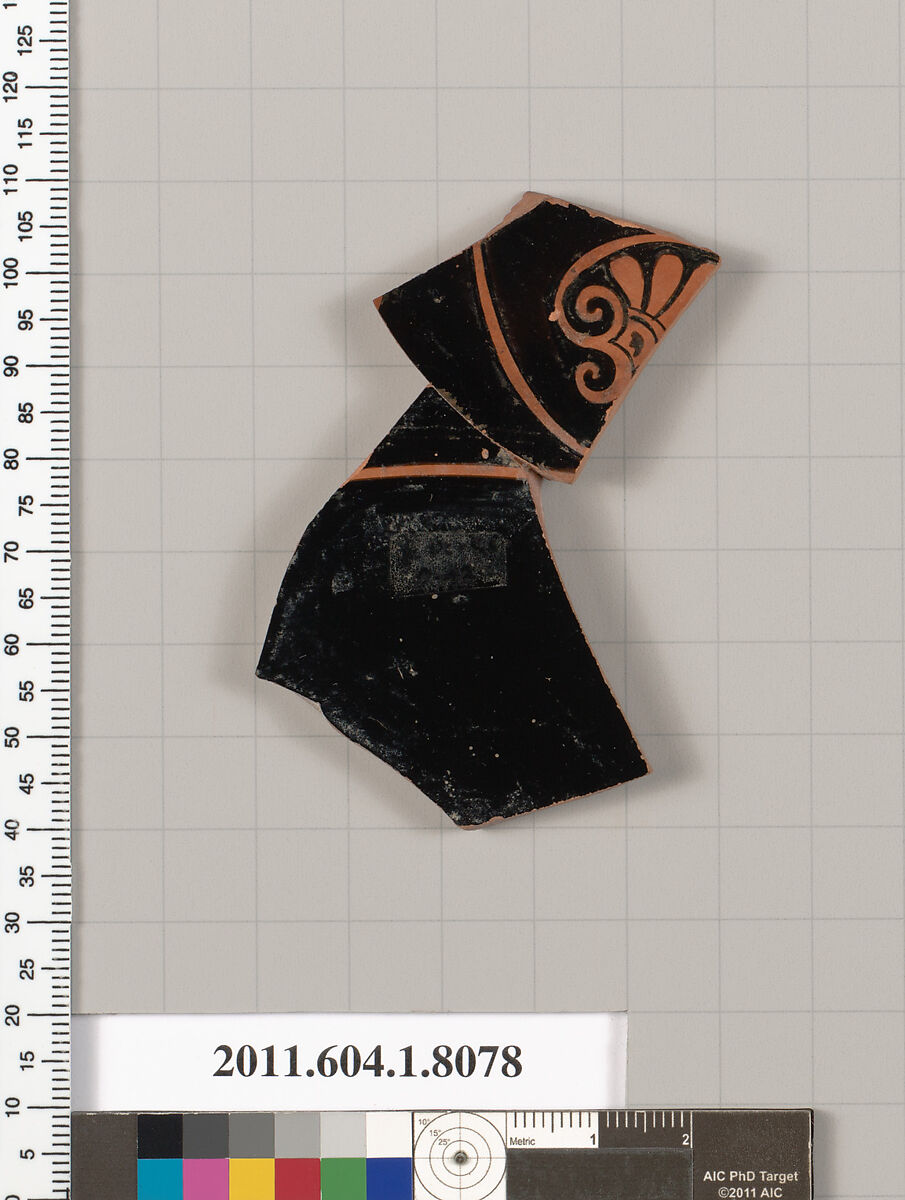 Terracotta fragment of a kylix (drinking cup), Terracotta, Greek, Attic