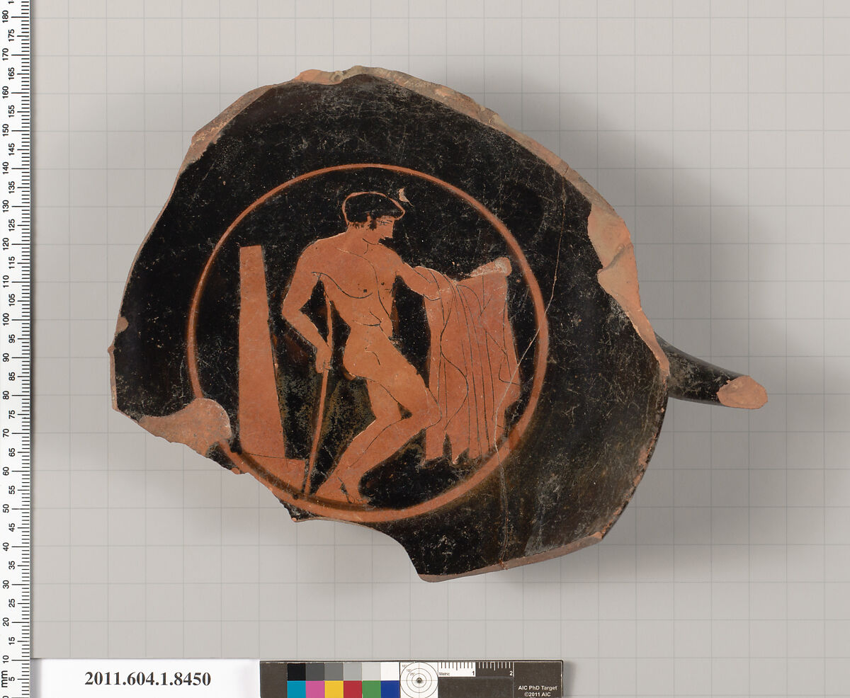 Terracotta fragment of a stemless kylix (drinking cup), Terracotta, Greek, Attic 