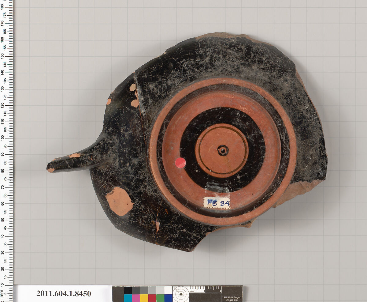Terracotta fragment of a stemless kylix (drinking cup), Terracotta, Greek, Attic