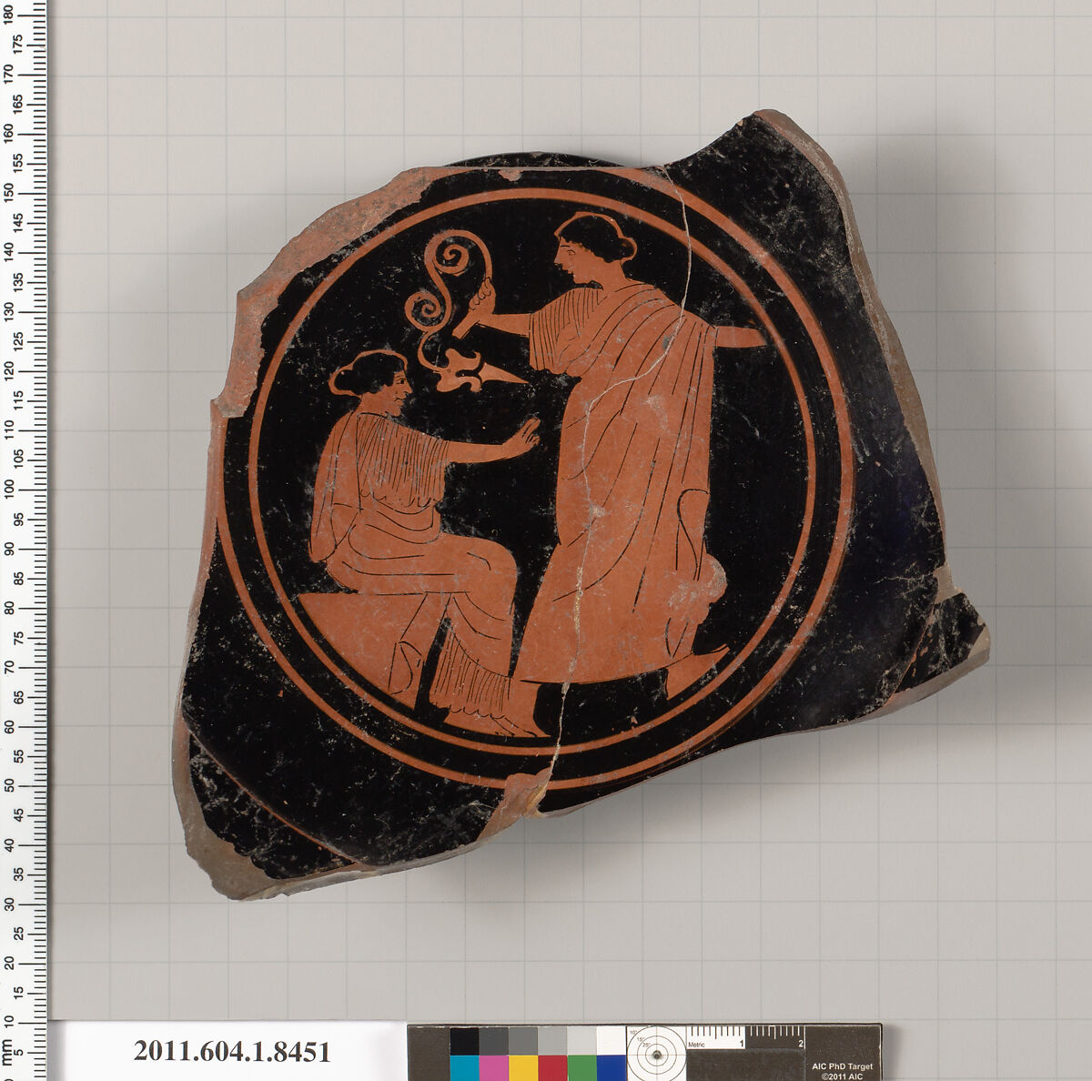 Terracotta fragment of a stemless kylix (drinking cup), Terracotta, Greek, Attic 