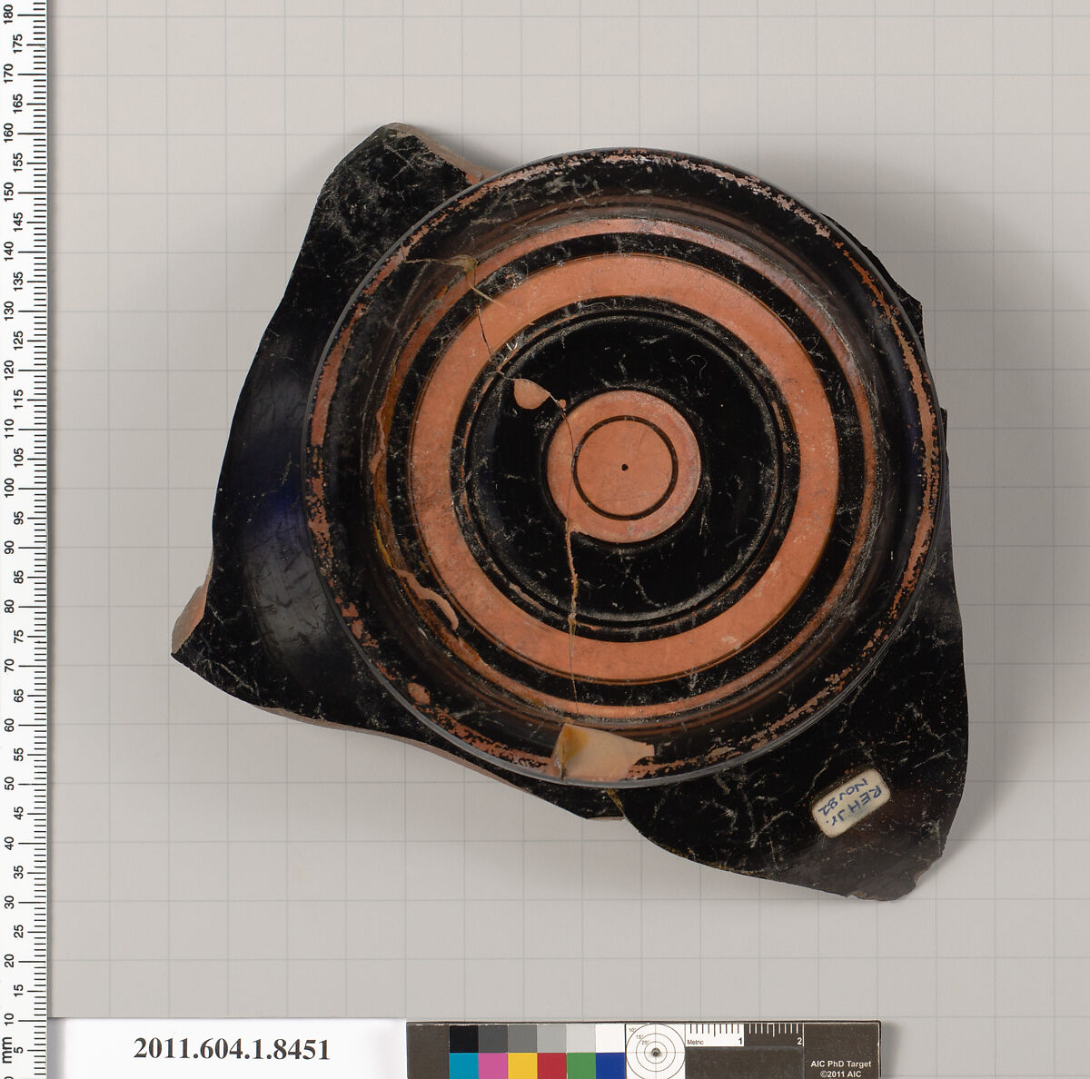 Terracotta fragment of a stemless kylix (drinking cup), Terracotta, Greek, Attic