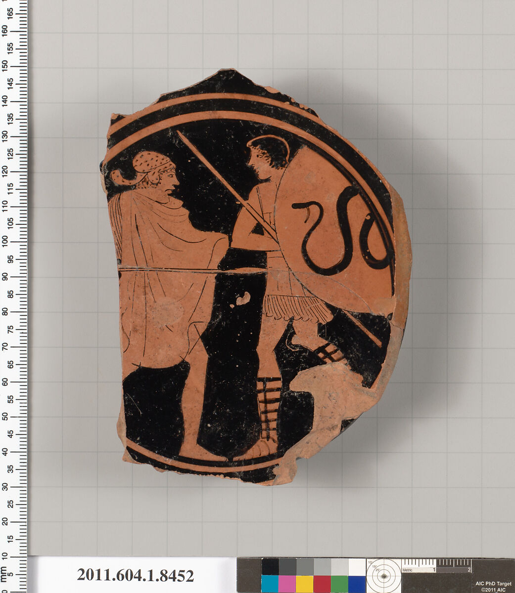 Terracotta fragment of a stemless kylix (drinking cup), Terracotta, Greek, Attic 