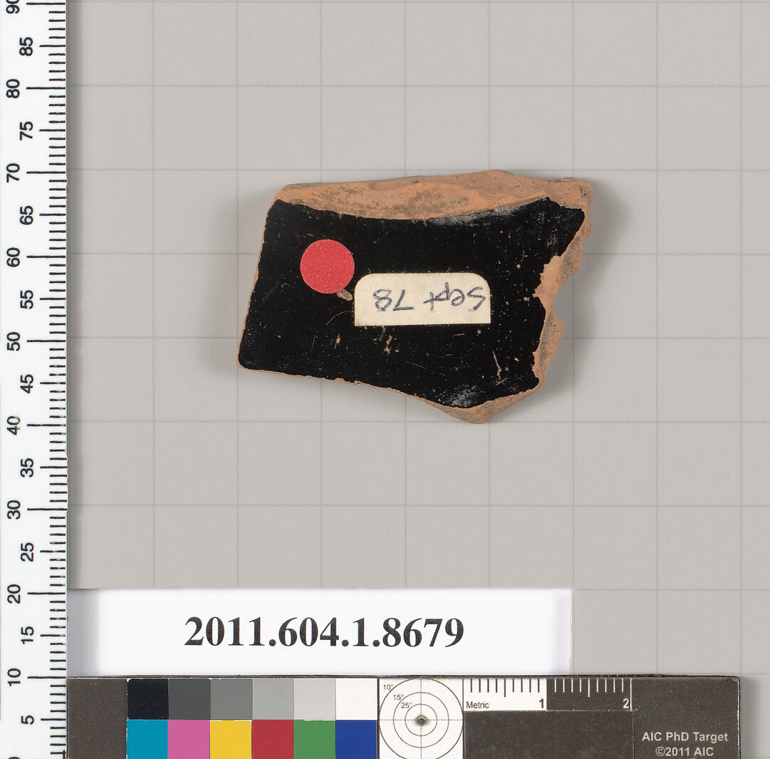 Terracotta fragment of a stemless kylix (drinking cup), Terracotta, Greek, Attic