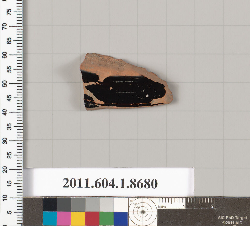 Terracotta fragment of a stemless kylix (drinking cup), Terracotta, Greek, Attic