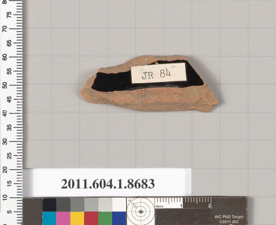 Terracotta fragment of a stemless kylix (drinking cup), Terracotta, Greek, Attic