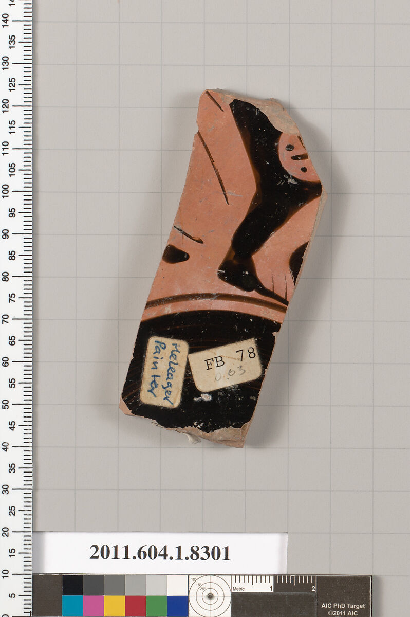 Terracotta fragment of a kylix (drinking cup), Attributed to the Meleager Painter [DvB], Terracotta, Greek, Attic