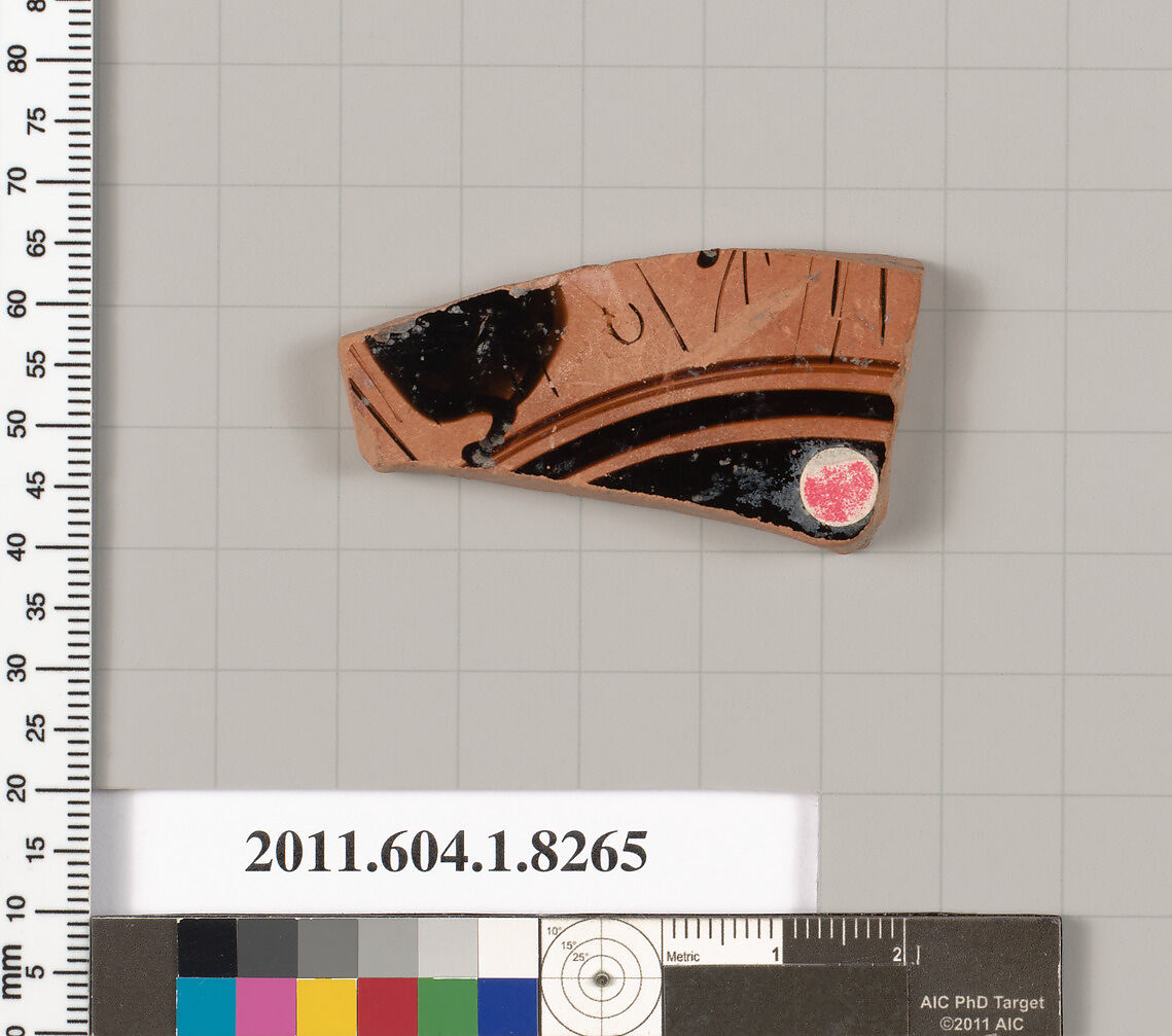 Terracotta fragment of a kylix (drinking cup), Attributed to the Painter of London E 106 [DvB], Terracotta, Greek, Attic