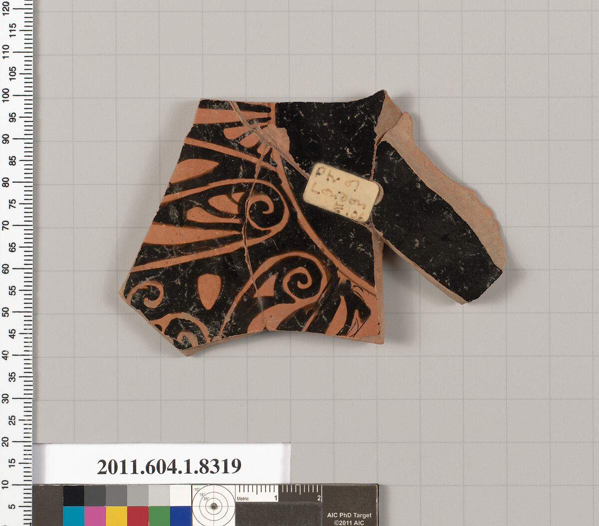 Terracotta fragment of a kylix (drinking cup), Attributed to the Painter of London E 106 [DvB], Terracotta, Greek, Attic