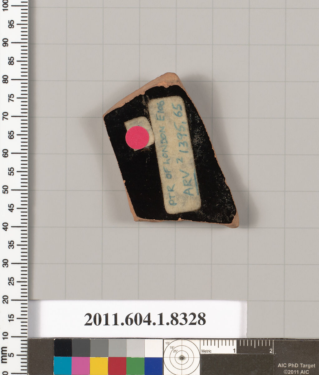 Terracotta fragment of a kylix (drinking cup), Attributed to the Painter of London E 106 [DvB], Terracotta, Greek, Attic