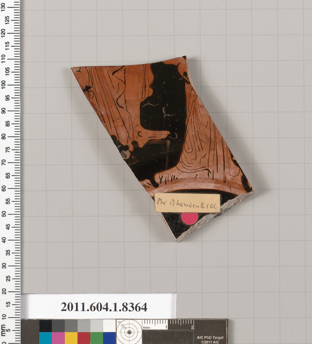 Terracotta fragment of a kylix (drinking cup), Attributed to the Painter of London E 106 [DvB], Terracotta, Greek, Attic