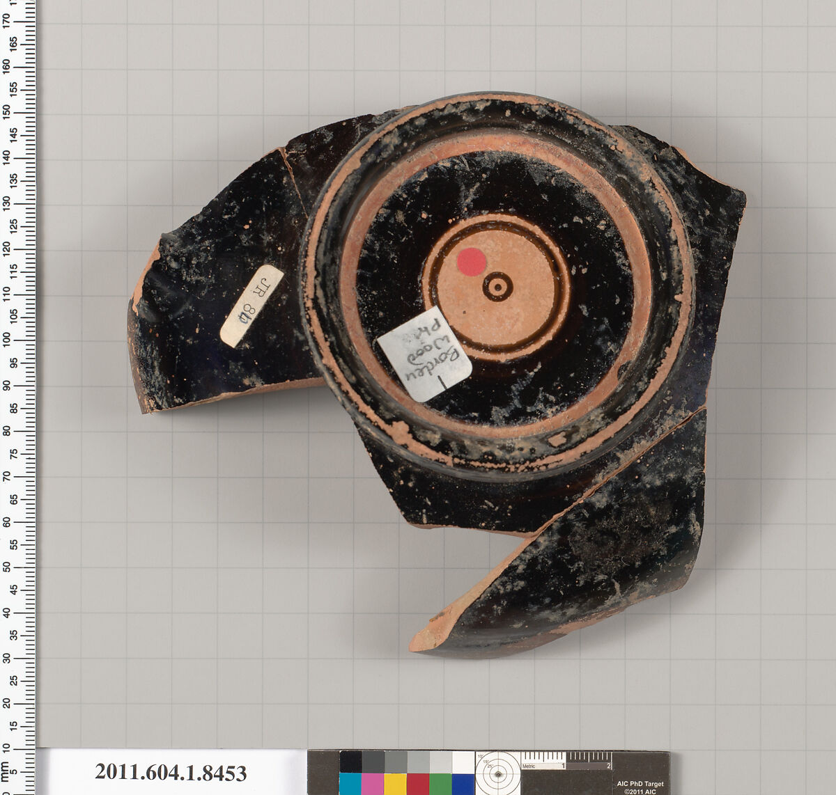 Terracotta fragment of a stemless kylix (drinking cup), Attributed to the Borden Wood Painter [DvB], Terracotta, Greek, Attic