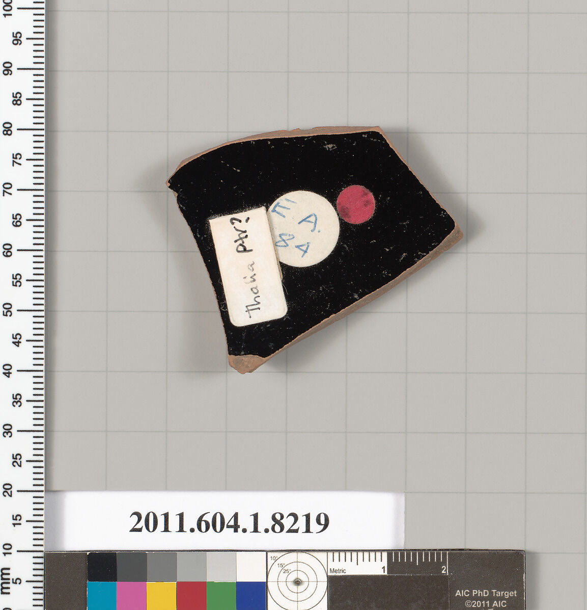 Terracotta fragment of a kylix (drinking cup), Attributed to the Thalia Painter ? [DvB], Terracotta, Greek, Attic