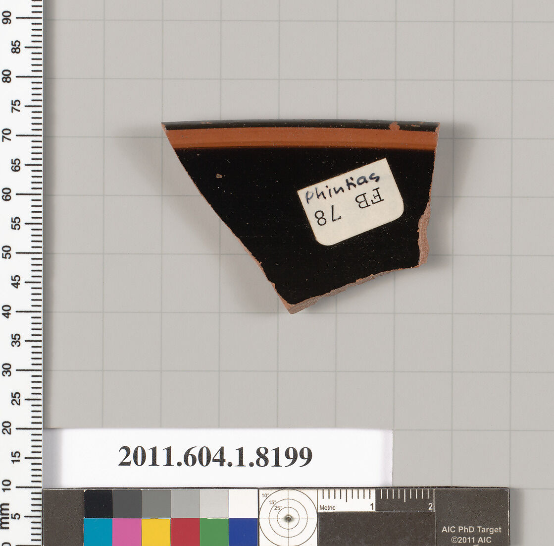 Terracotta rim fragment of a kylix (drinking cup), Attributed to Phintias [DvB], Terracotta, Greek, Attic