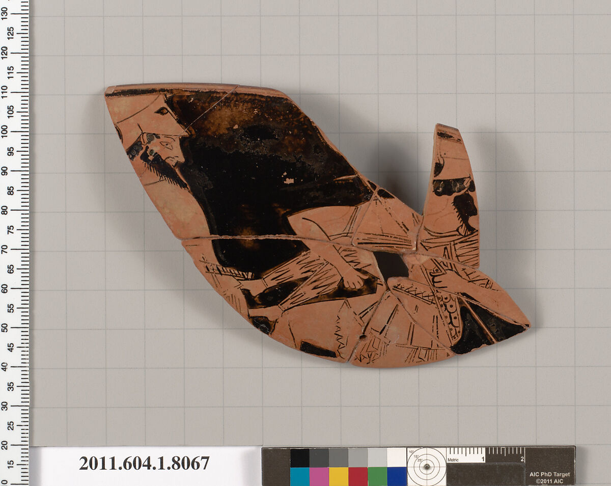 Terracotta rim fragment of a kylix (drinking cup), Attributed to the Nikosthenes Painter [DvB], Terracotta, Greek, Attic 