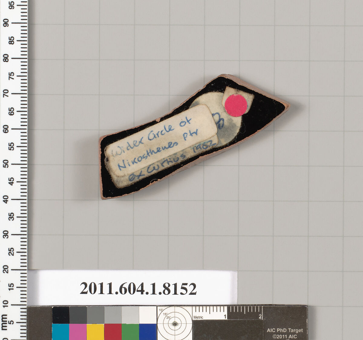 Terracotta fragment of a kylix (drinking cup), Attributed to the Circle of the Nikosthenes Painter [DvB], Terracotta, Greek, Attic