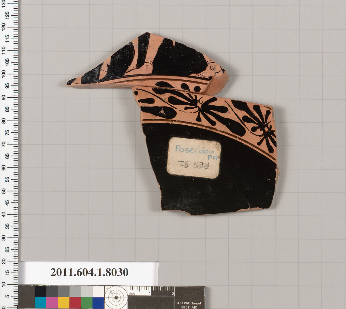 Terracotta fragment of a kylix (drinking cup), Attributed to the Poseidon Painter [DvB], Terracotta, Greek, Attic