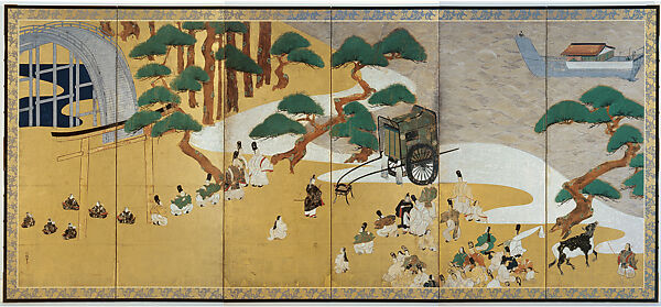 “Channel Markers” (Miotsukushi) and “The Barrier Gate” (Sekiya), Tawaraya Sōtatsu (Japanese, ca. 1570–ca. 1640), Pair of six-panel folding screens; ink, color, and gold on paper, Japan 