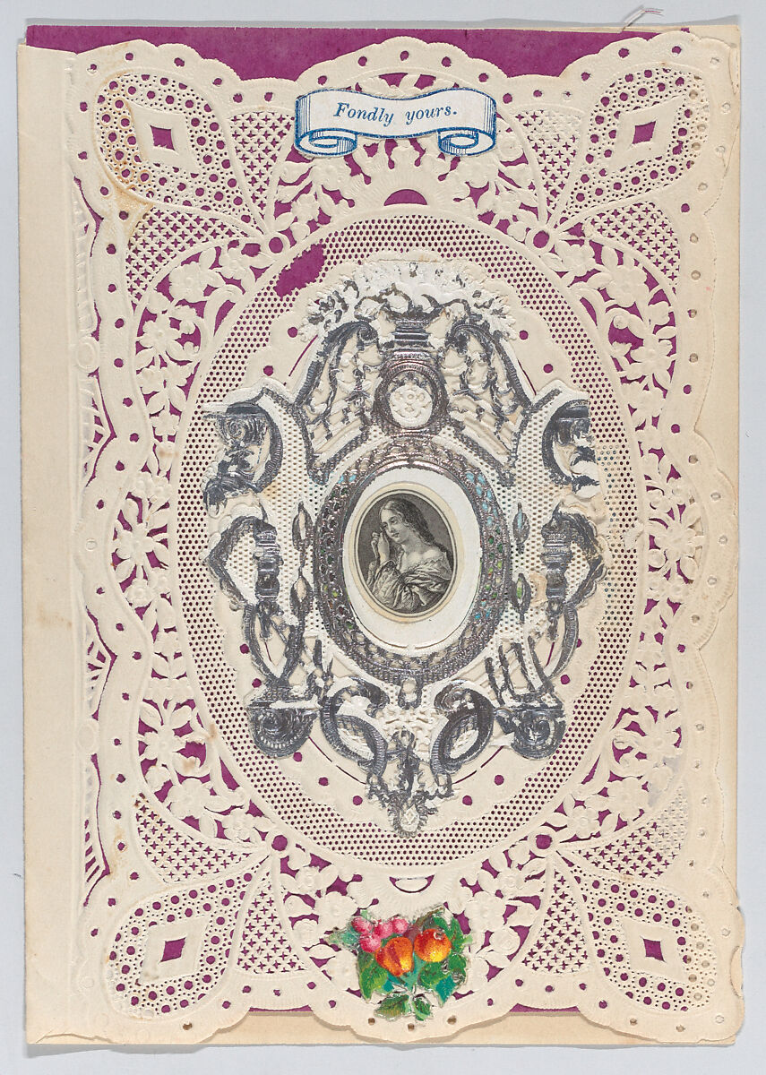 Valentine, Anonymous, Cameo-embossed, open-work lace paper, chromolithography, colored paper, graphite