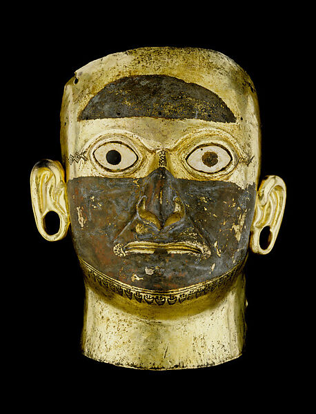 Mask, Gilded copper, shell, stone, and pigment, Moche 
