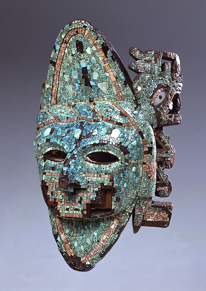 Mask, Turquoise, wood, mother‑of‑pearl, shell (Spondylus princeps, Spondylus calcifer), Probably Mixtec (Ñudzavui) 