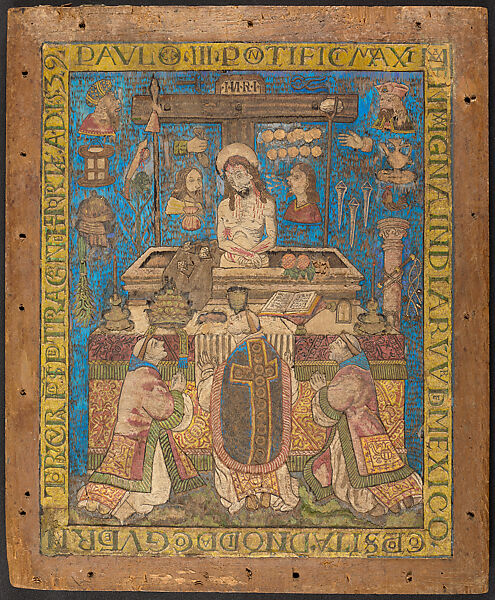 Mass of Saint Gregory, Feathers, gold, wood, pigment, Nahua 